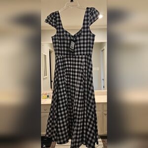 Blue and white gingham pattern A-line midi dress